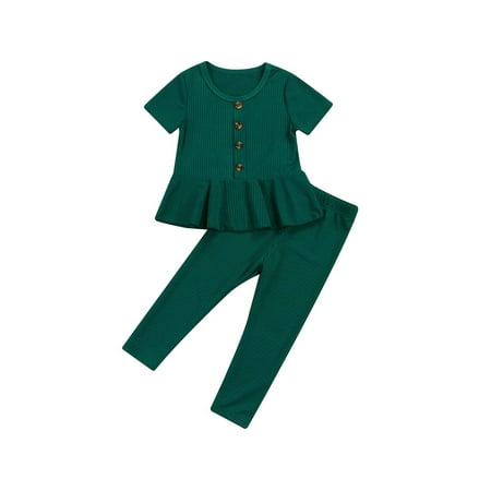 

Kids Toddler Girls Basic Rib Knitted Short Sleeve Ruffle Tunic Dress Top Leggings Pants Outfits
