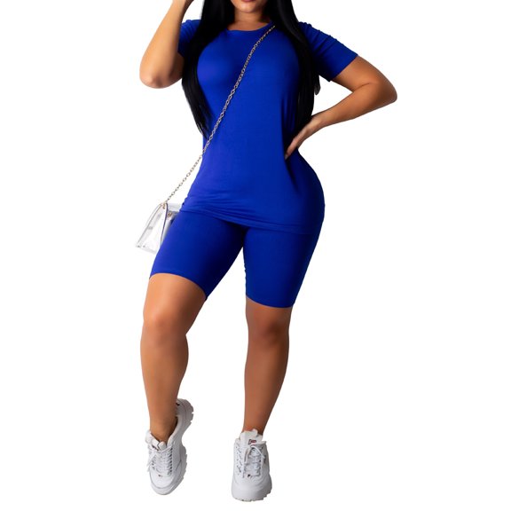 KOMOO Women 2Pcs Sport Set Short Sleeve Slim Top High Waist Elastic Short Pants Yoga Outfits