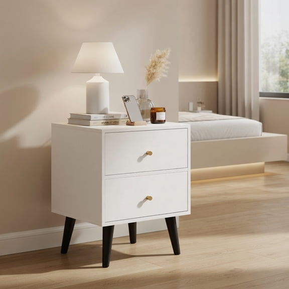 Demi Bonn Mid Century Modern Bedside Table Nightstand, 2 Drawers with Golden Knobs and Raised Support Legs, White Black