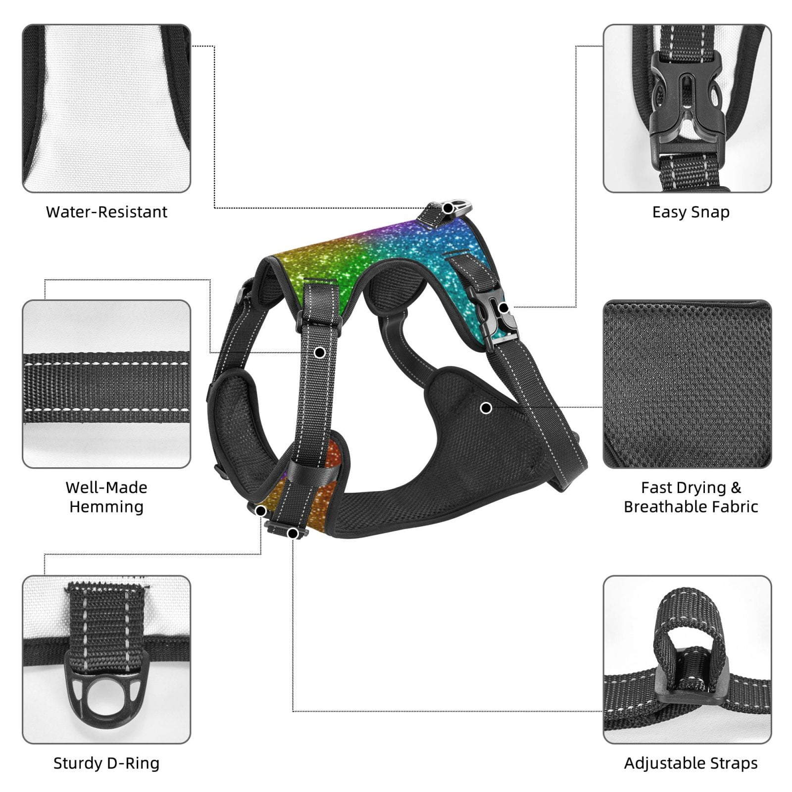 Kdxio Colorful Glitter Print No Pull Dog Harness Adjustable Reflective Oxford Easy Control Medium Large Dog Harness for Training and Everyday-Large