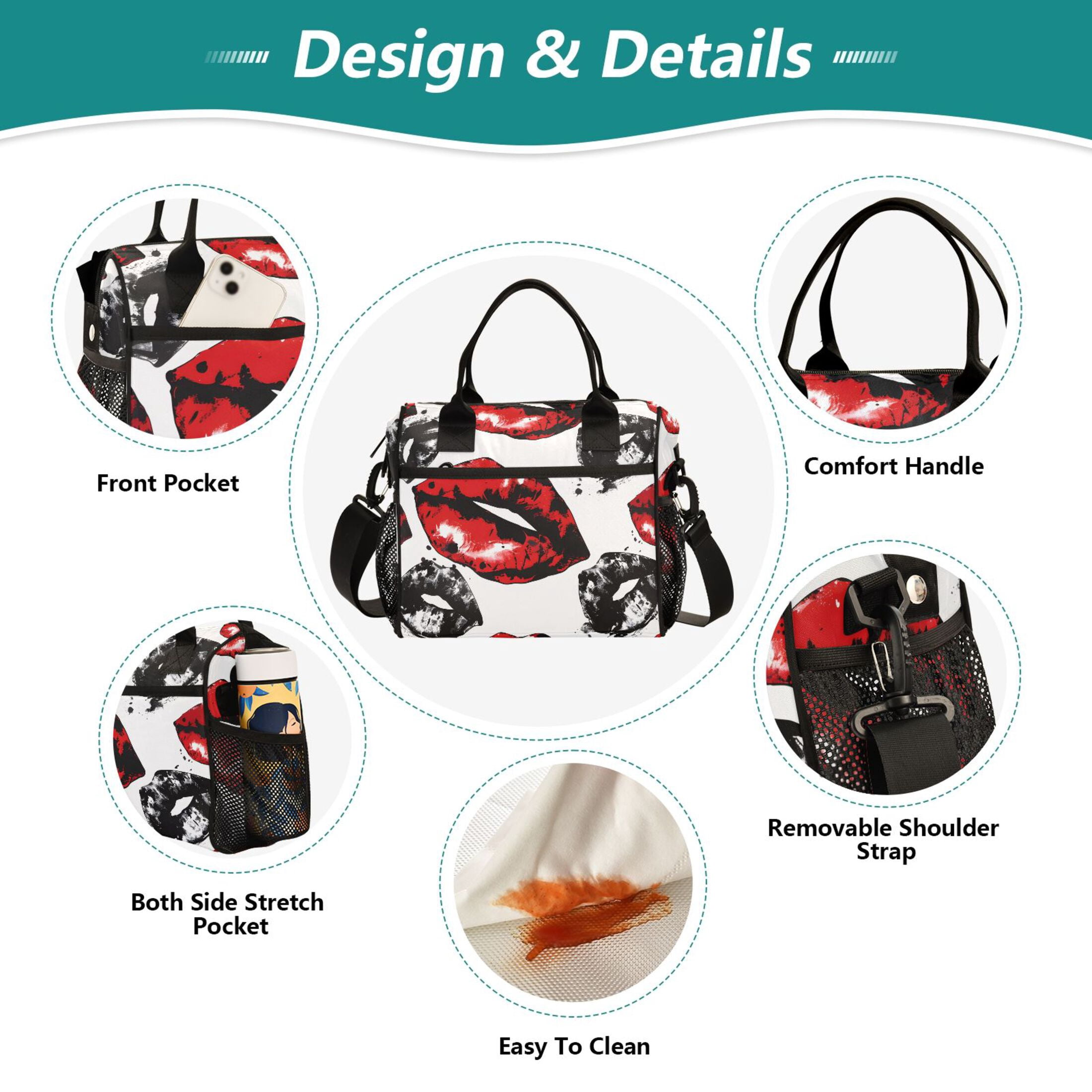 ALAZA Red Lip Insulated Lunch Bag Reusable Tote Box Adjustable Shoulder Strap for Work Picnic