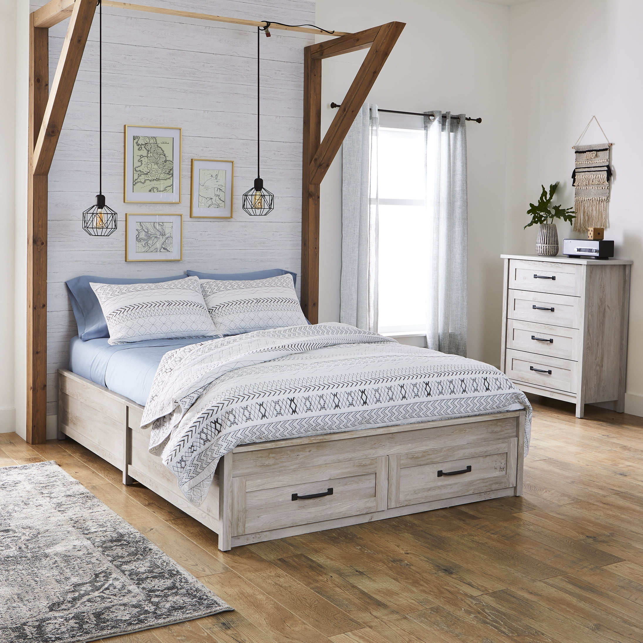 Better Homes & Gardens Modern Farmhouse Queen Platform Bed with Storage, Rustic White Finish