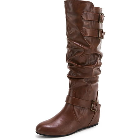 

Coutgo Womens Slouched Knee High Boots Wide Calf Pull On Buckle Flat Winter Boot