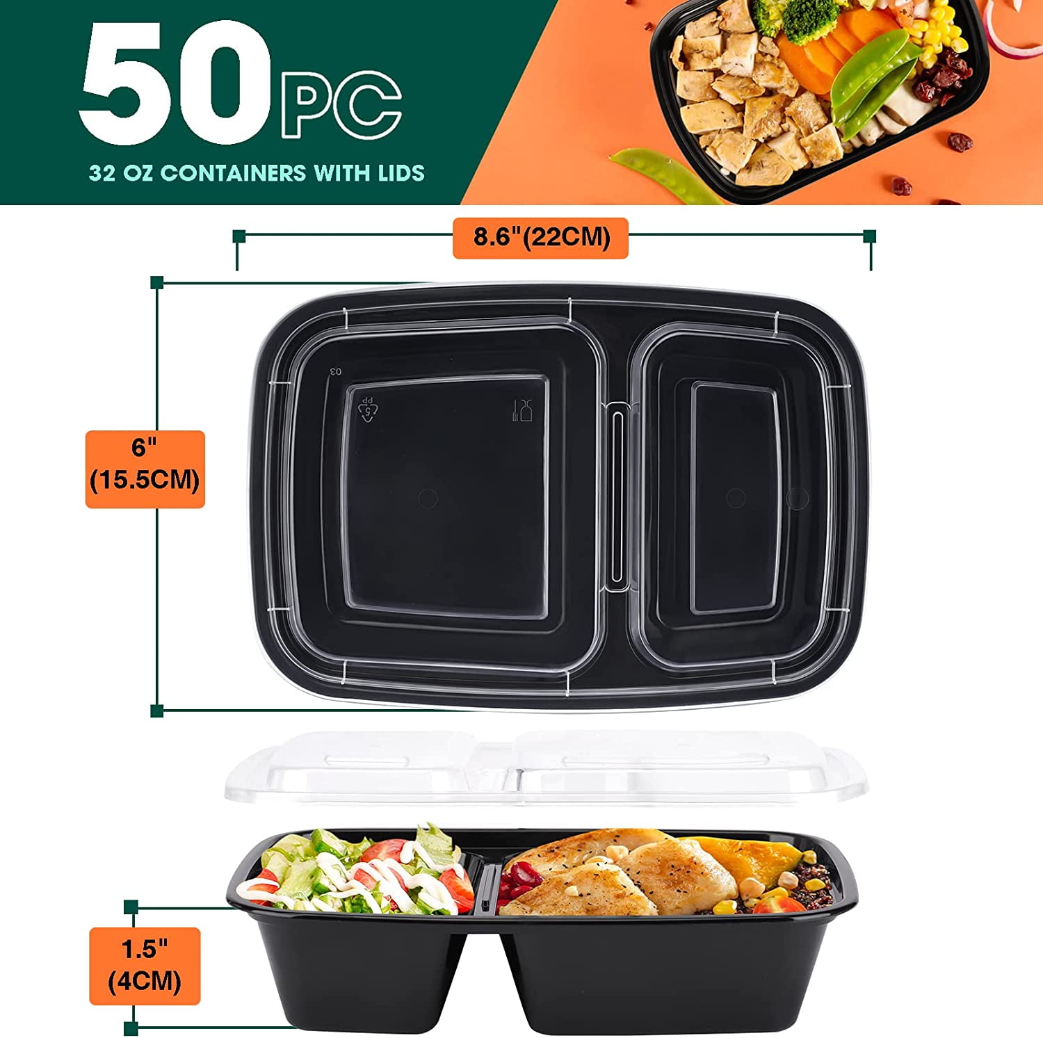 Glotoch Meal Prep Containers Reusable, 50Pack 32oz Plastic Food Prep  Storage Containers with Lids,BPA Free,Microwave, Dishwasher Safe Disposable  To Go
