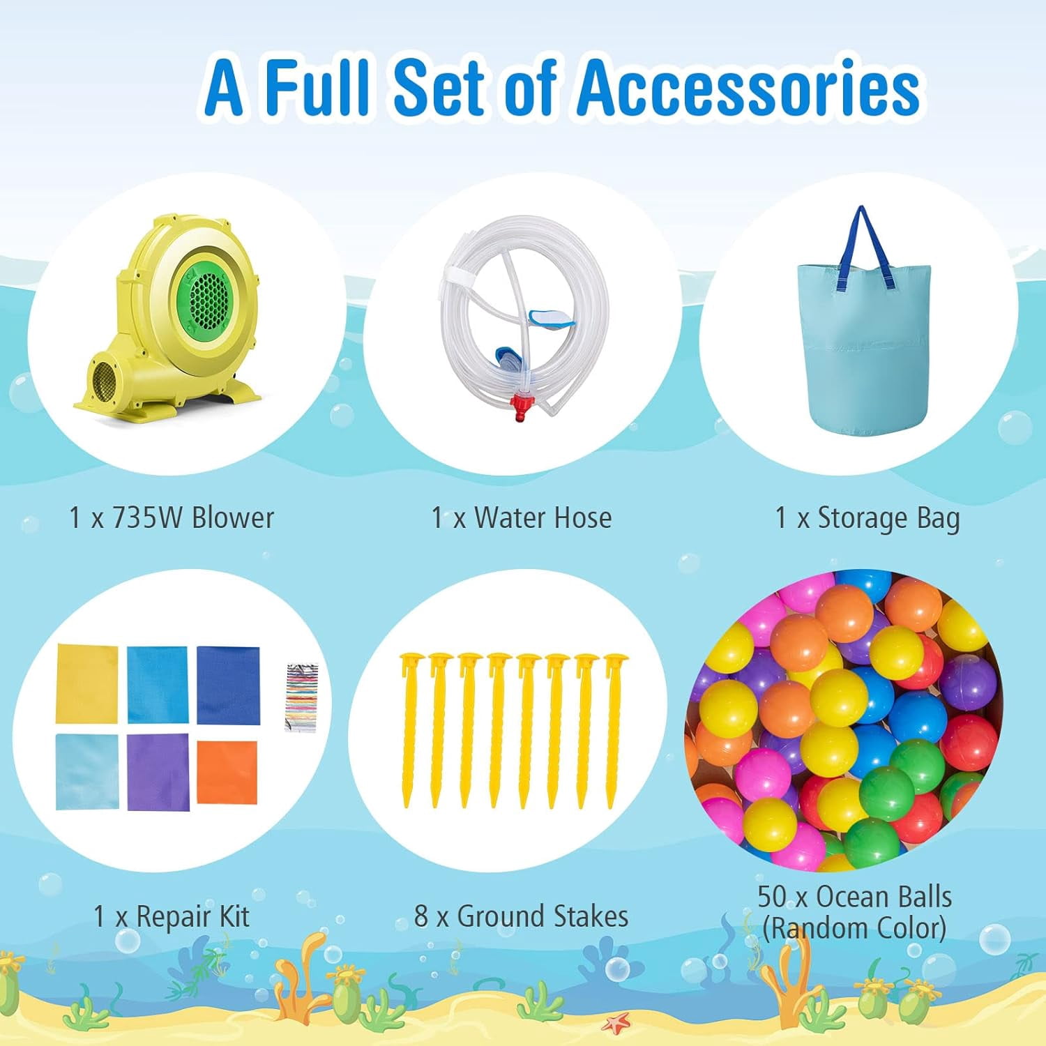 OLAKIDS Inflatable Water Slide, 6 in 1 Ocean Theme Bounce House Water Park with Slide Splash Pool Ball Pit Water Blaster 735W Blower 50PCS Ocean Balls, Outdoor Inflatable Obstacle Course Backyard