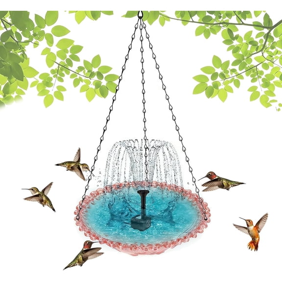 Solar Cascade Hanging Bird Bath Fountain, Outdoor Hanging Bird Bath with Solar Pump and Glass Bowl, Hummingbird Birdbath Water Fountain for Garden, Patio, Porch, Backyard Decor (Pink a)