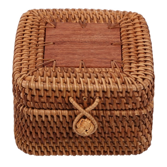 Caja de almacenamiento de ratán vintage con tapa, organizador de joyas cuadrado, contenedor, estilo cerámico