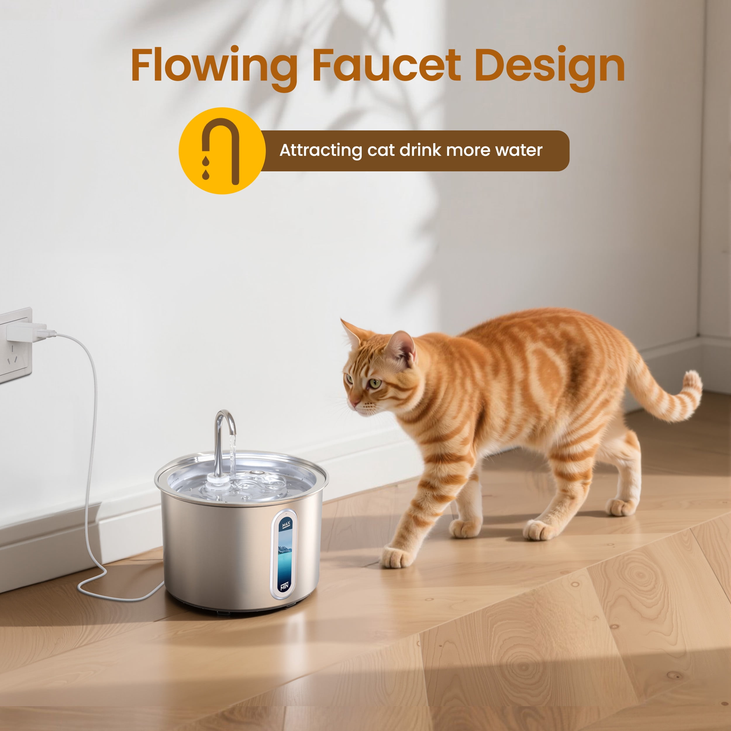 Oneisall PWF-001 304 Stainless Steel Cat Water Fountain, 2L Water Fountains for Cats Indoor - Silver