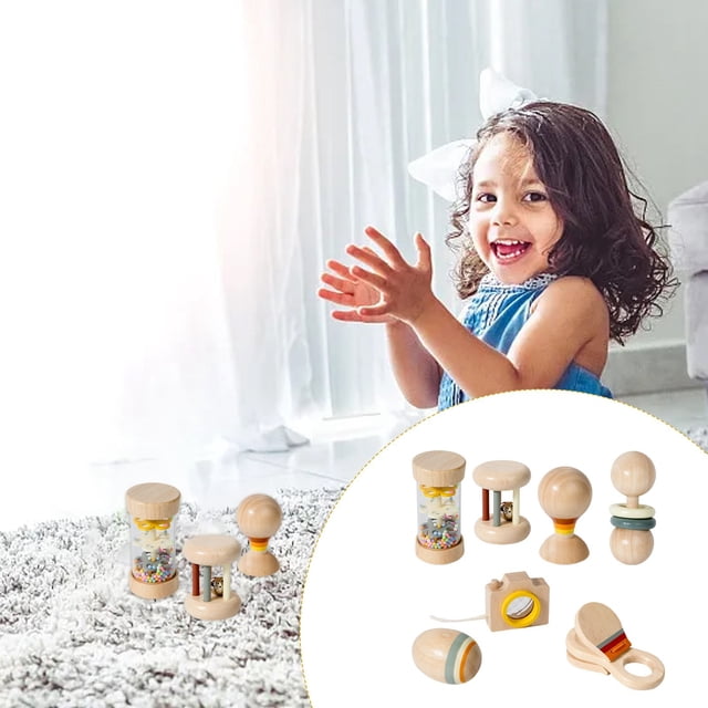 Hearth & Gear 7 PCS Wooden Baby Toys Set Organic Rattles 0 6 Month & Montessori Musical Instruments For 0 12 Month Natural Toddler Developmental Toys Multiplication Games Fraction Tiles with Tray