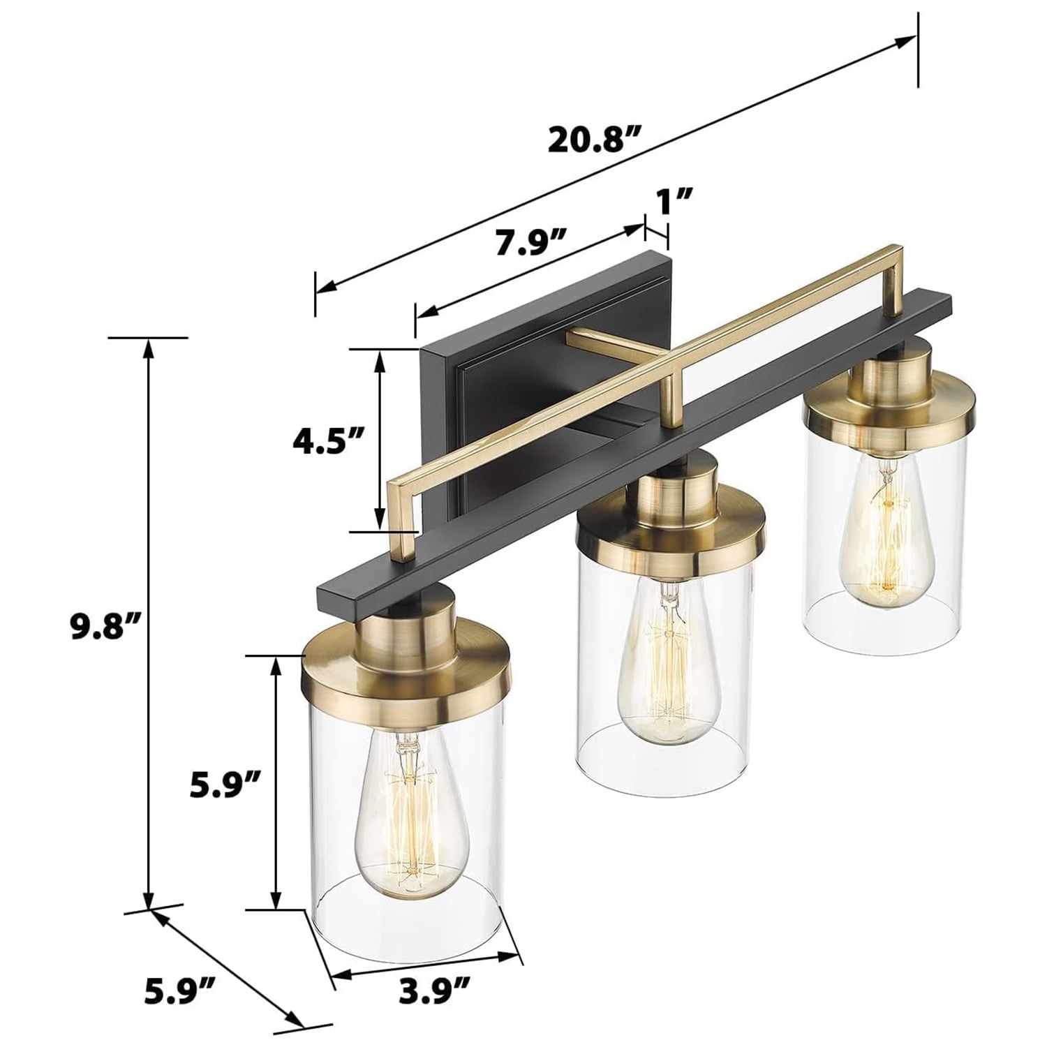 Emliviar 3 Light Bathroom Vanity Light Fixtures, Black and Gold Finish with Clear Glass, YCE238B-3W BK+BG