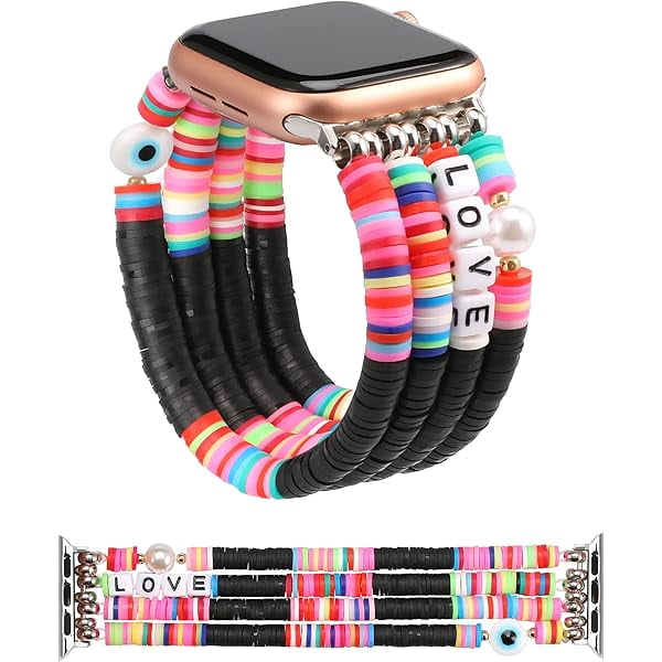 wonima44 Heishi Beaded Bracelet Compatible with Apple Watch Band Women Kids Girl Cute Elastic Clay Preppy Stack Strap for iWatch 42/44/45/46/49mm Series 11 10 9 8 7 6 5 4 SE/Ultra 3 2 1, Black LOVE/S