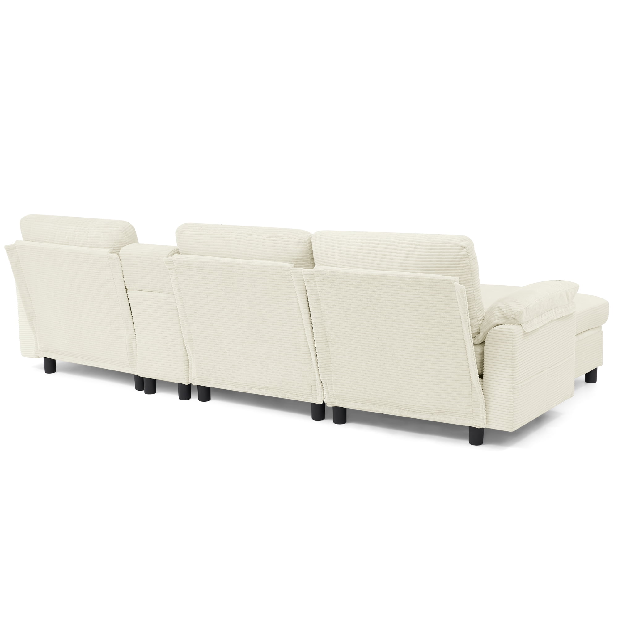 L-Shaped Sectional Sofa with Storage Ottoman and Side Storage Armrest Pockets, 3-Seater Sofa Couch with Beverage Cup Holder Central Console for Living Room Apartment