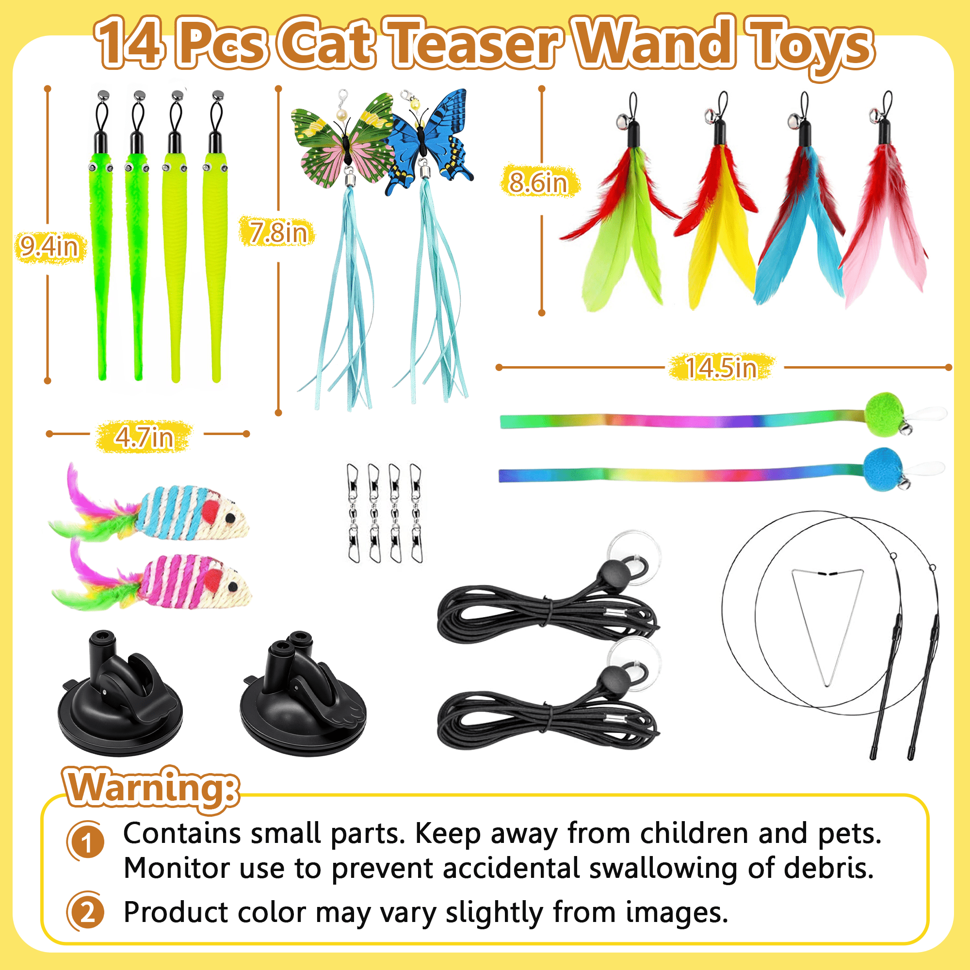14 Pack Cat Toys for Indoor Cats, 4 in 1 Suction Cup Cat Teaser Wand Toy with Feather Butterfly Mouse Worm Refills, Interactive Hanging Kitten Play Toys