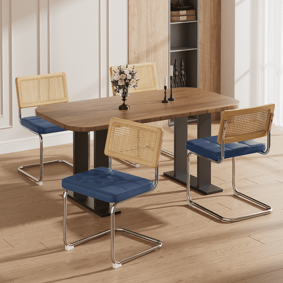 Set of 4 Blue Faux Leather Rattan Dining Chairs, Mid-Century Modern Solid Wood Back Kitchen & Living Room Furniture, Breuer Design Inspired, Comfortable & Breathable Seat