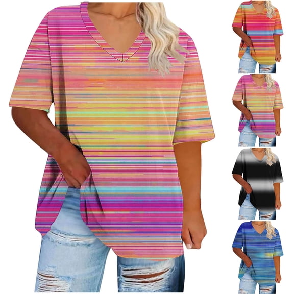 Plus Size Summer Tops for Women Gradient Color V Neck T-Shirts Loose Fit 1X-5X Soft Casual Oversized Tshirts (3XL, Pink|Striped)