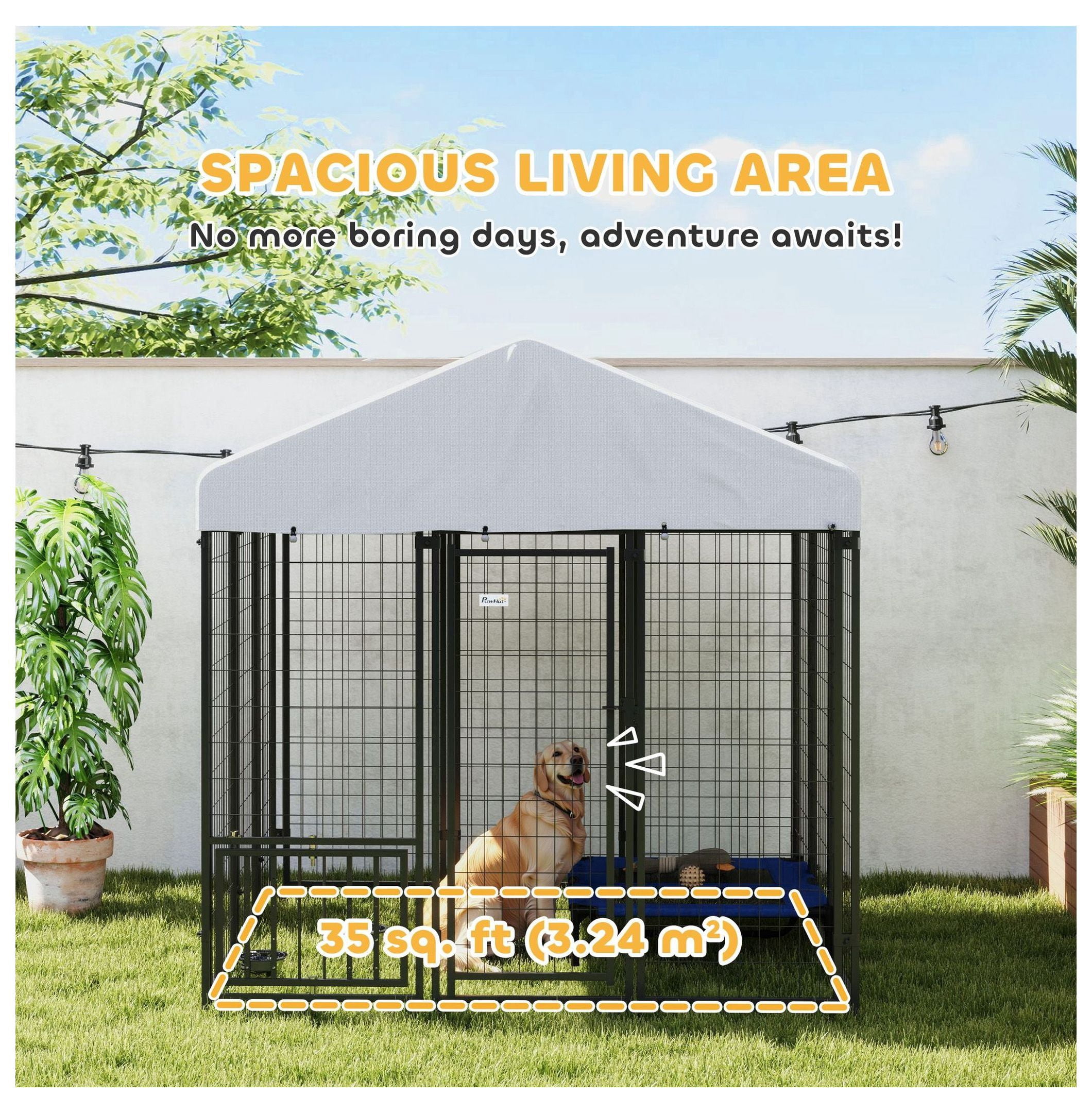 Outdoor Dog Kennel 5.9'x5.9'x6', Large Dog Run with Roof, Rotating Bowls & Adjustable Height Racks - Secure Pet Enclosure