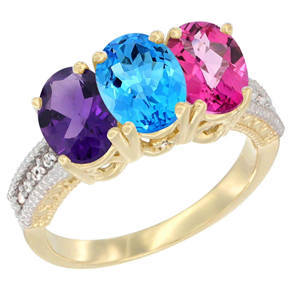10K Yellow Gold Diamond Natural Amethyst, Swiss Blue Topaz & Pink Topaz Ring Oval 3-Stone 7x5 mm,sizes 5-10 by WorldJewels