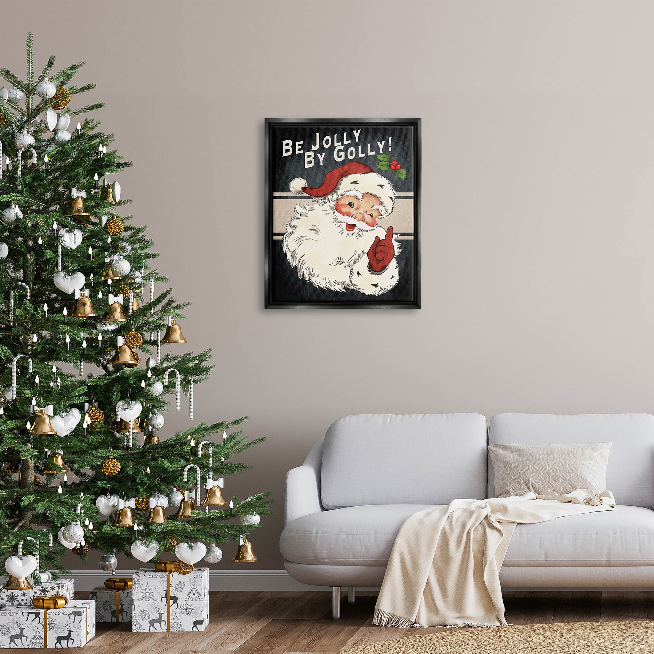 Be Jolly By Golly Vintage Christmas Santa Holiday Graphic Art Jet Black Framed Art Print Wall Art