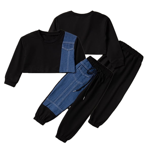 WOLLED 2PCS Baby Toddler Spring Denim Patchwork Sweatshirt Set for Girls 1-6 Years Fall Longsleeve Crop Jeans Sweatsuit Blouse Casual Pants Outfit