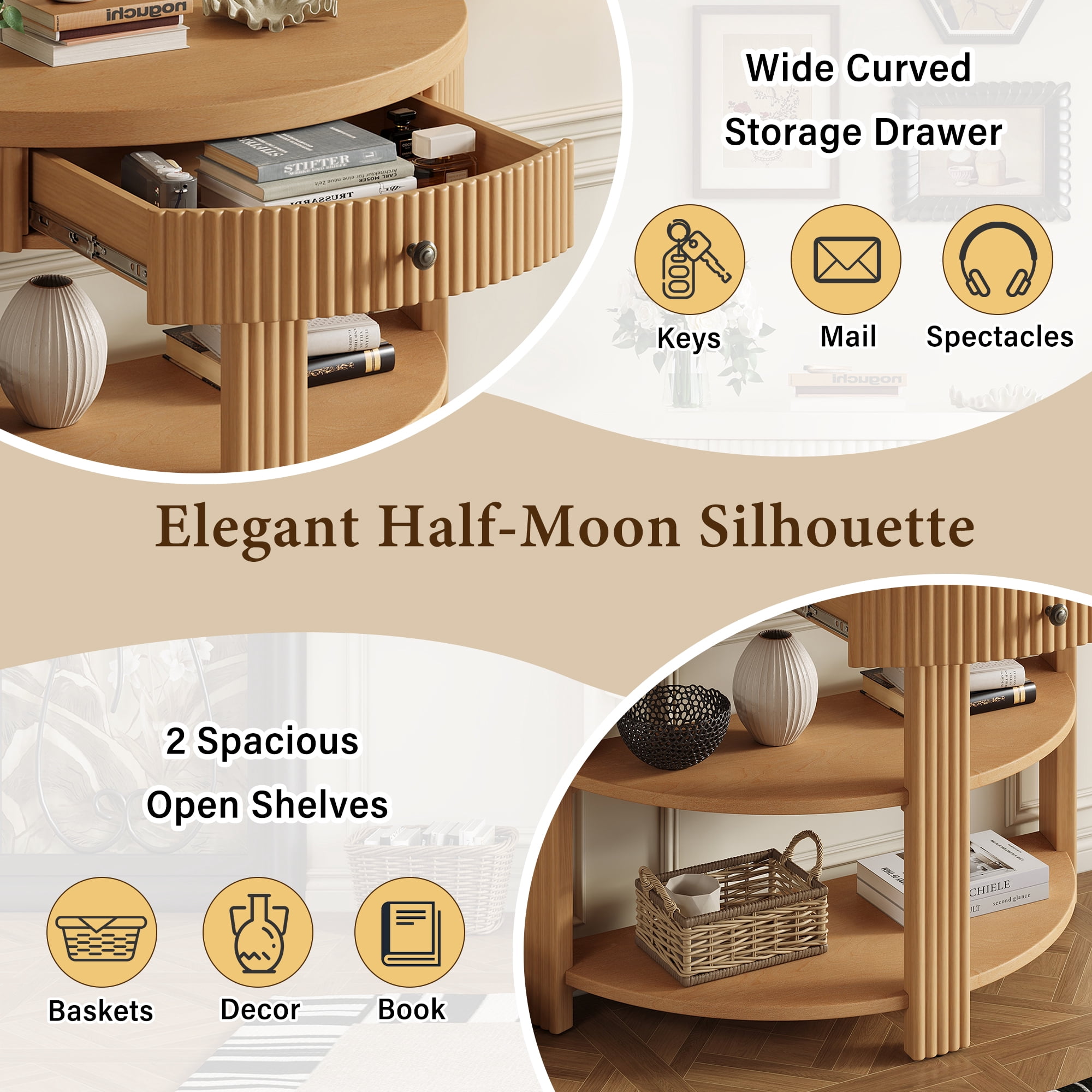 Euroco Half Moon Console Table with 1-Drawer, Fluted Entryway Table with 2 Open Storage Shelves,3-Tier Sofa Table for Living Room, Hallway, Foyer,Natural
