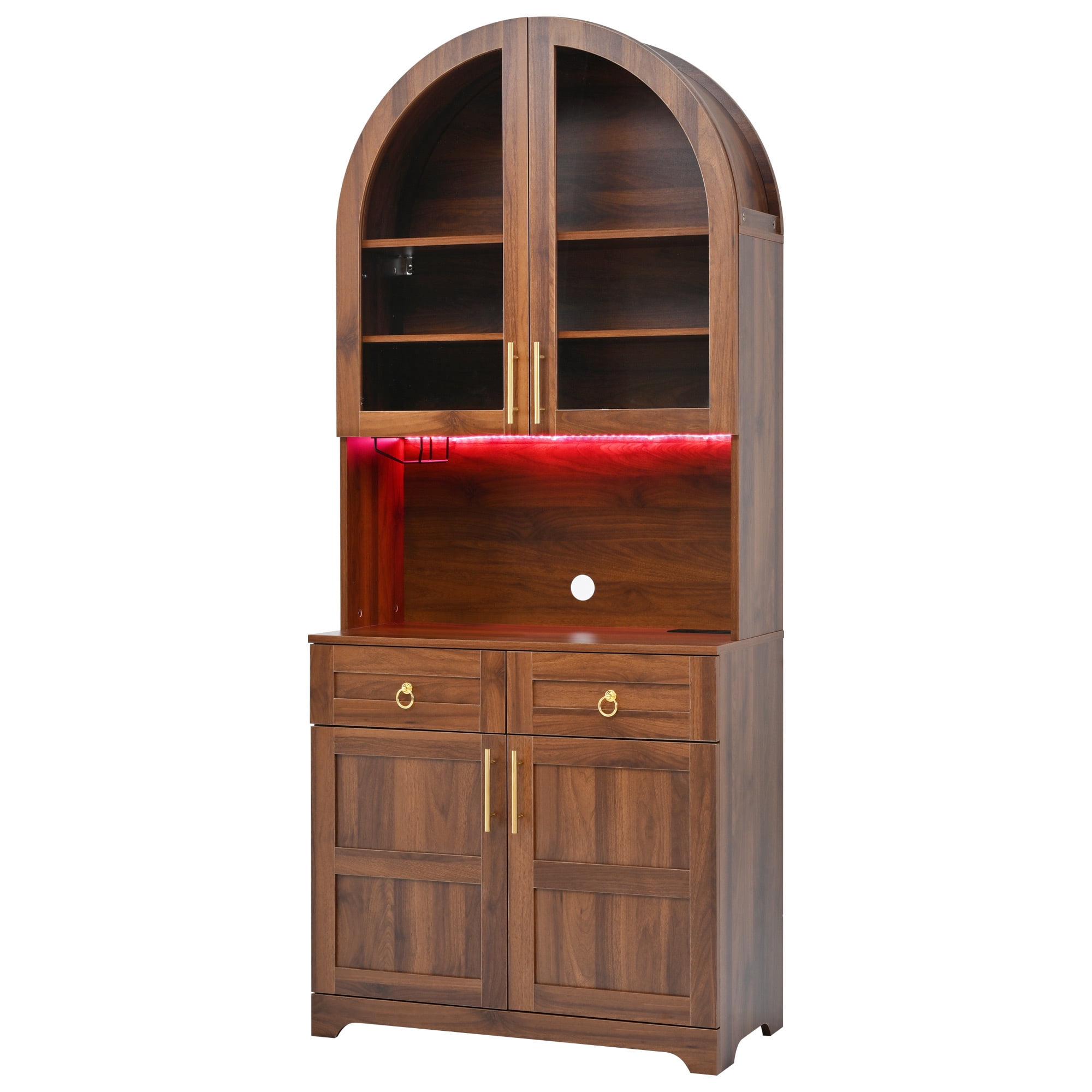 Euroco 74.8" Tall Arched Kitchen Pantry Cabinet,Farmhouse Arched Kitchen Storage Hutch with Glass Doors,2 Drawers,Adjustable Shelves,Power Outlet & LED Light,Freestanding Tall Cupboard,Walnut