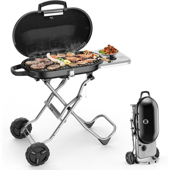 WAA Portable 15000BTU Propane BBQ Grill 348 SQ Inch Large Cooking Area Quick-Fold Legs,Foldable for Outdoor Camping/Picnic,Black