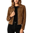 thumbnail image 6 of Guieoi Faux Suede Jacket for Women Long Sleeve Collared Zippered Retro Casual Short Fall Tops with Lined Khaki S, 6 of 8