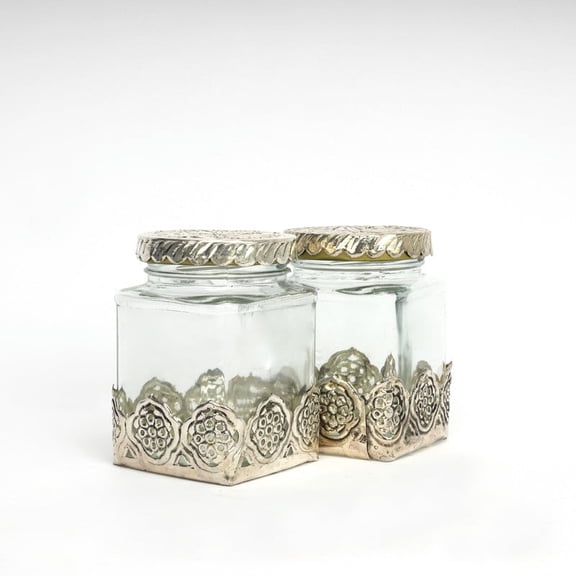 Natriel German Silver—Set of 2 Glass Decorative Jars with Engraved Silver Lids | Clear Glass Jar Storage Canisters