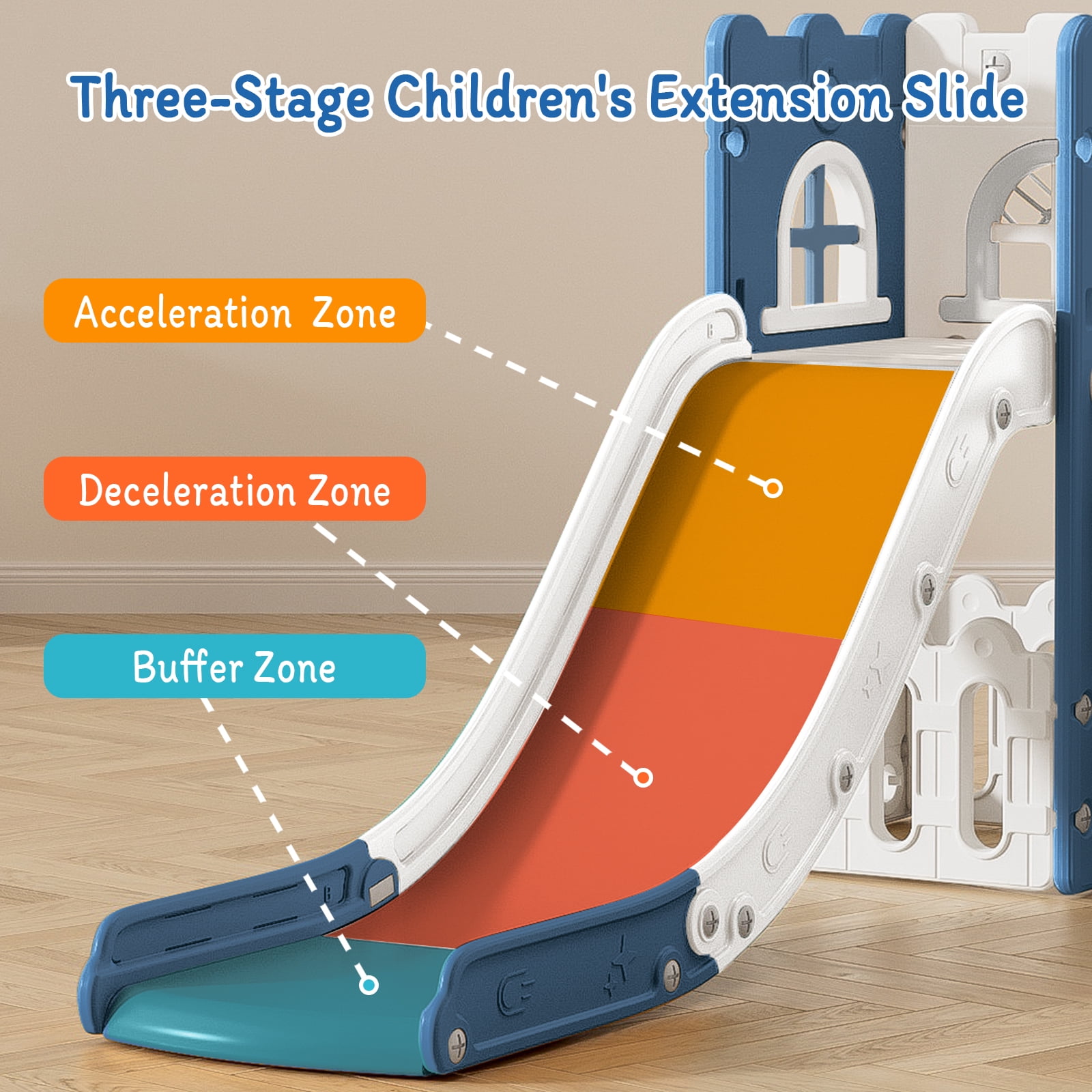 6 in 1 Kids Indoor Slide for Toddlers 1-3,Blue,Baby Slide for Indoor Outdoor with Basketball Hoop and Telescope,L Shaped Slide