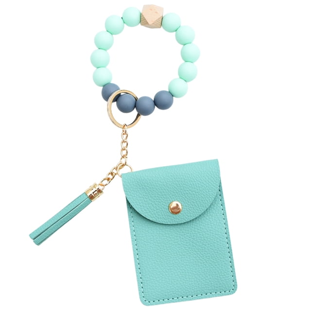 Mint Green Pu Leather Wallet Card Case Keychain 2.76X3.94X0.39 Inches Mint Green Color Multi Card Slot Coin Purse With Key Ring Fringe Design