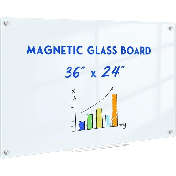 Magnetic Glass Whiteboard for Wall, 36" x 24" Glass Dry Erase Board, Large Frameless White Board for Home and Office with 1 Marker Tray - Normal White