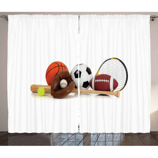 Youth Curtains 2 Panels Set, Assorted Sports Equipment Different Balls