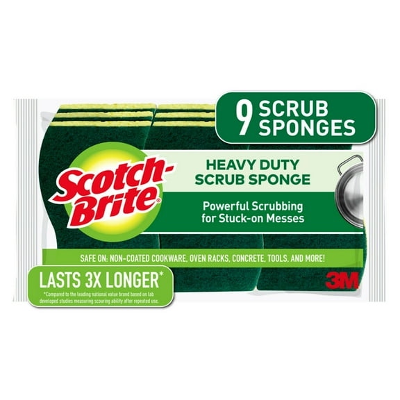 Scotch-Brite Heavy-Duty Scrub Sponges - 2.8" Height x 4.5" Width - 9/Pack - Yellow, Green | Bundle of 5