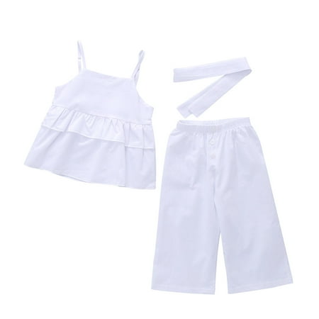 

Qufokar Baby Girl Fall Outfits Girls Sweat Outfits Baby Ruffle Girls Kids Straps T Shirt+Pants+Headband Set Outfits Tops Girls Outfits&Set