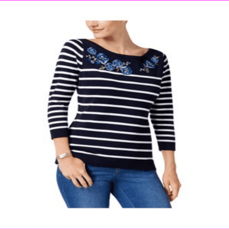 Karen Scott Petite 3/4-Sleeves Crew Neck Sweater PET/SM/Intrepid Blue Combo