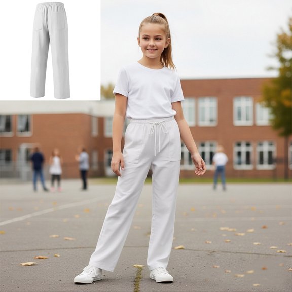 Kids Girls Wide Leg Pants Linen Pants Elastic Waist Straight Leg White Breathable Sweat Pants Boys Uniform Pants for Boys 6-7 Years