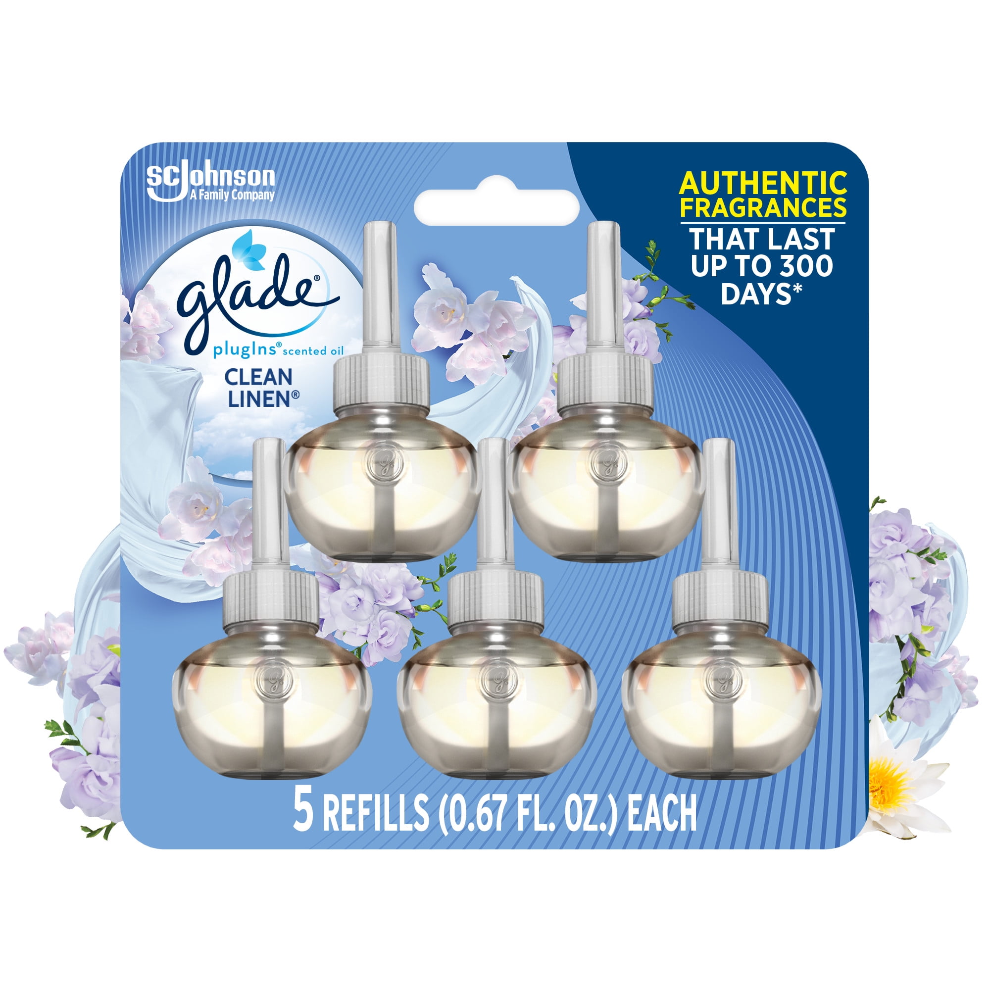 Glade PlugIns Scented Oil 5 Refills, Air Freshener, Clean Linen, Essential Oil Infused Wall Plug In, 3.35 FL oz, Pack of 5