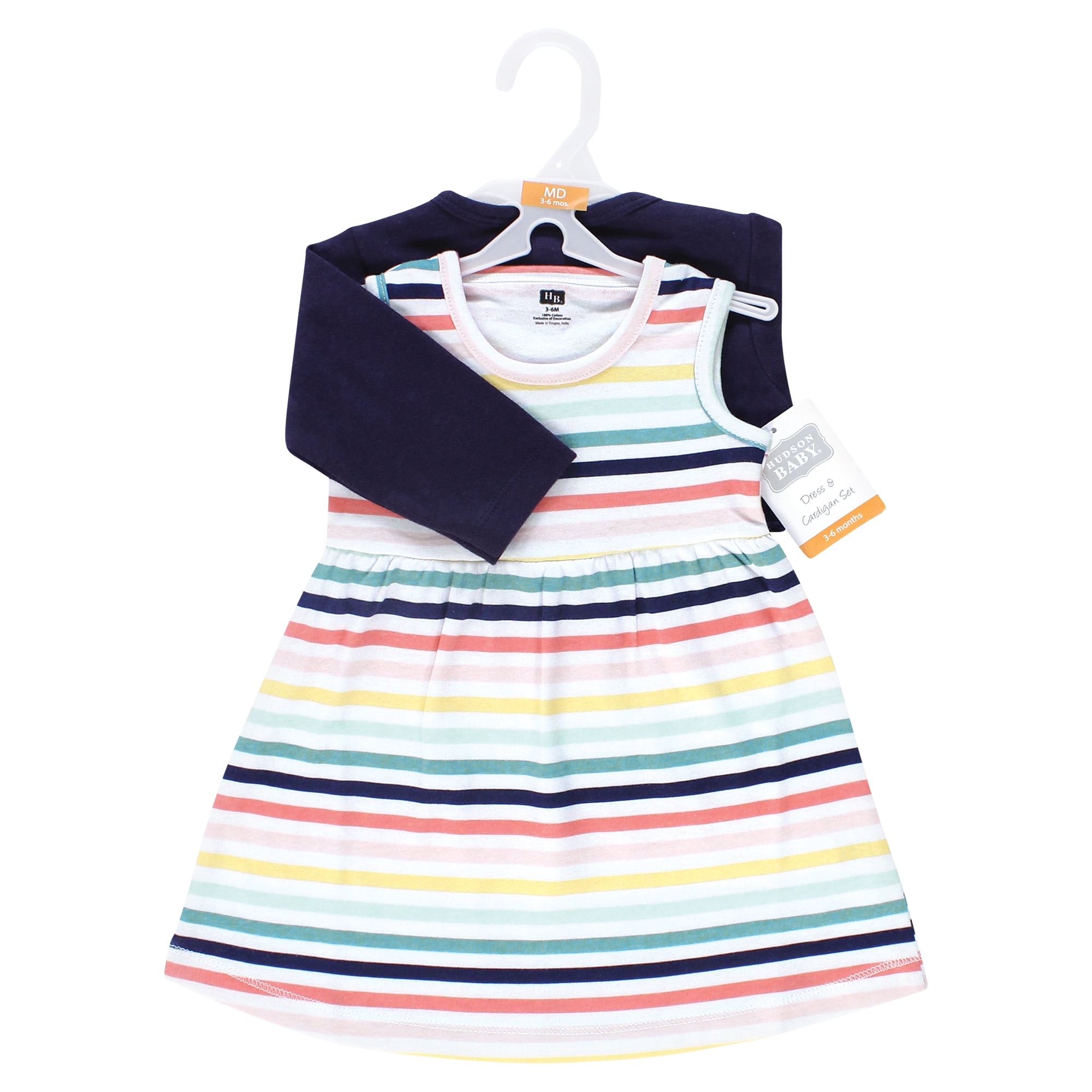 Hudson Baby Girls Cotton Dress and Cardigan Set, Sunset Stripe, 18-24 Months