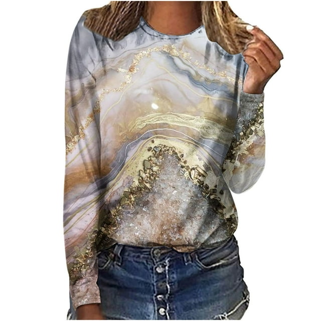 IROINID en Solde T-shirt à Manches Longues en Polyester pour Femmes Confortable Col Rond Hauts Amples Imprimés T-Shirts Blouse, Or