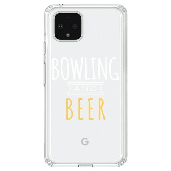 DistinctInk Clear Shockproof Hybrid Case for Google Pixel 4 (6.1" Screen) - TPU Bumper Acrylic Back Tempered Glass Screen Protector - Bowling and Beer