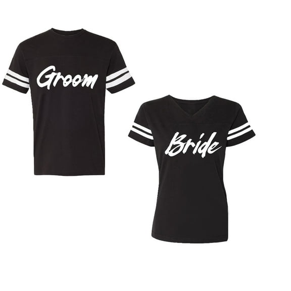 Groom BrideUnisex Couple Matching Cotton Jersey style T-Shirt Contrasting stripes on sleeves (Men Black / Women Black) (Men S / Women S)