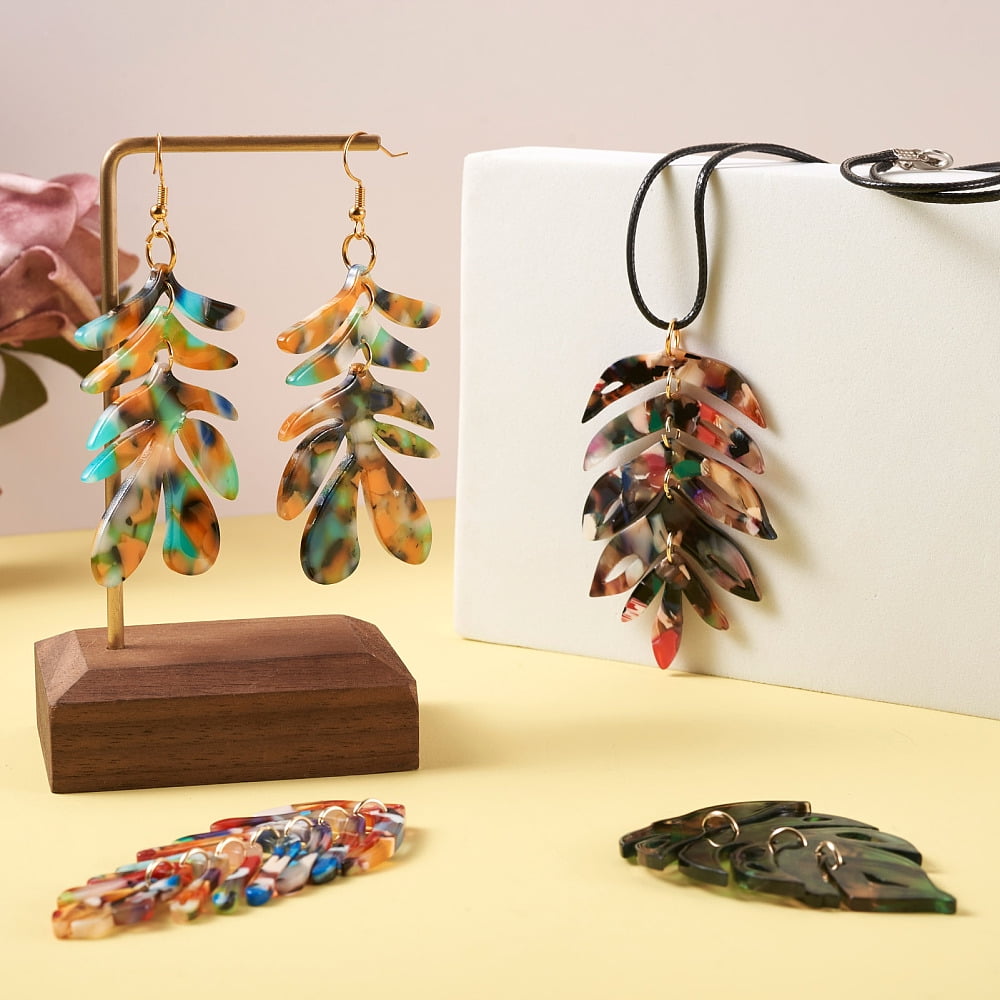 1Box DIY Monstera Leaf Dangle Earring Making Kits Including Cellulose Acetate(Resin) Pendants Brass Earring Hooks Mixed Color 90Pcs/box