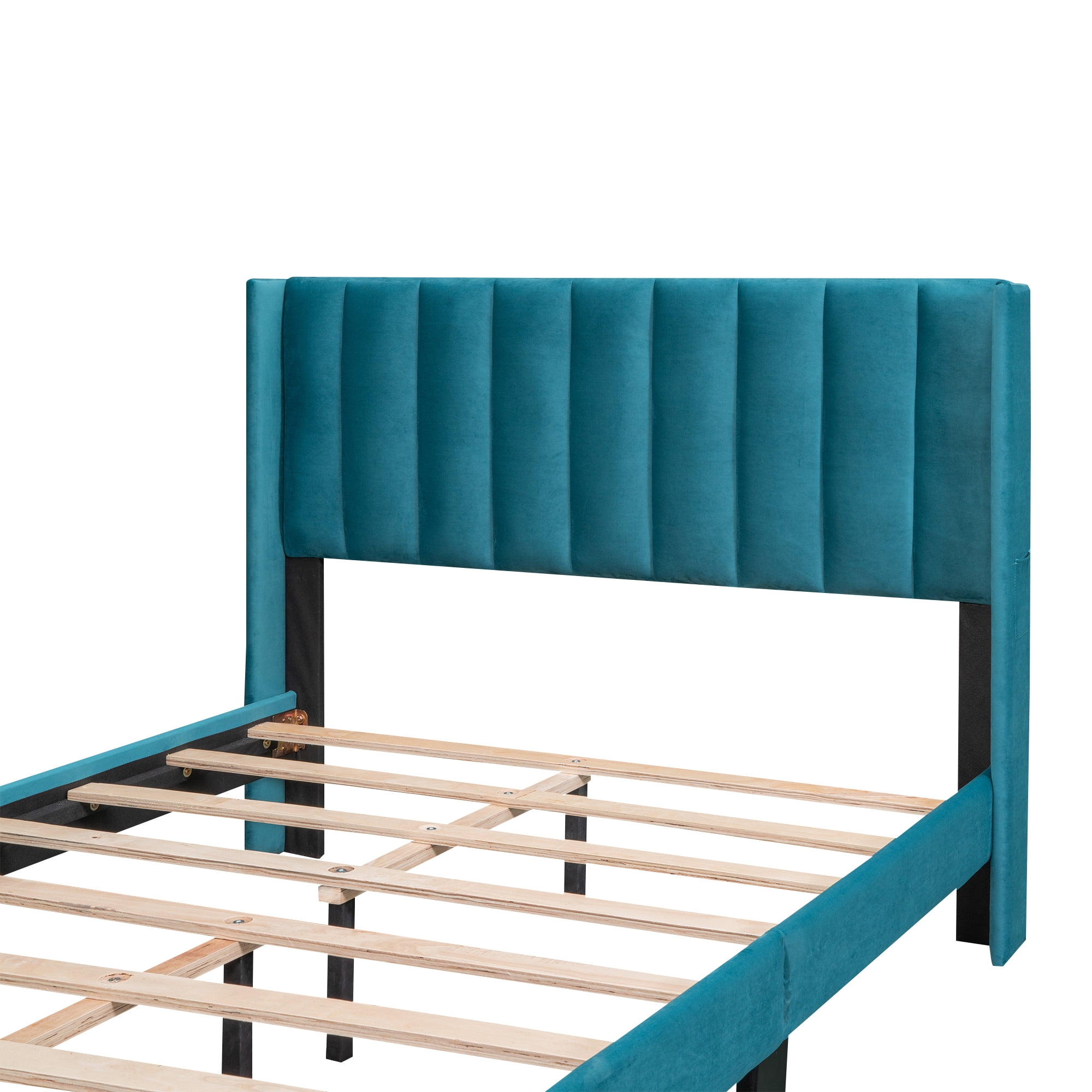 Leumius Full Size Platform Bed with A Storage Drawer,Velvet Upholstered Bed Frame with Wingback Vertical Channel Tufted Headboard,Blue