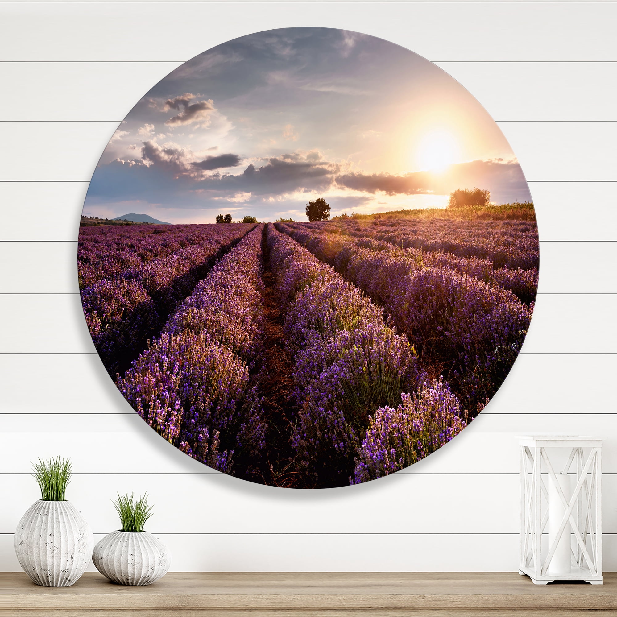 Designart 'Dramatic Clouds and Sunrise Over Lavender Field V' Farmhouse Circle Metal Wall Art 11x11 - Disc of 11