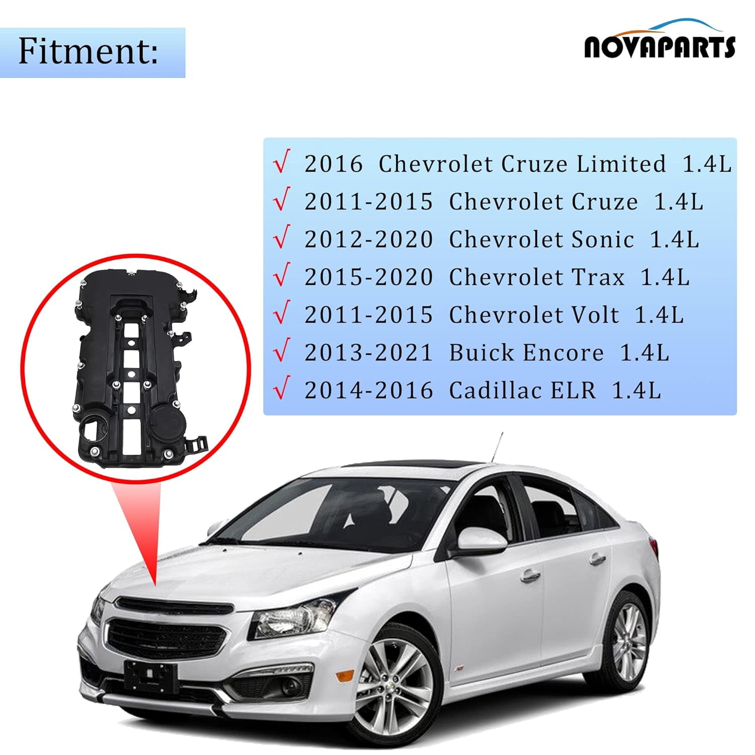 Engine Valve Cover with Gaskets & Bolts & Oil Filler Cap Set for 2011-2021 Chevrolet Chevy Cruze Sonic Volt Trax Buick Encore Cadillac ELR 1.4L 264-968 25203036 25198874 55573746 25198498
