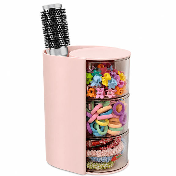 Rotating Acrylic Hair Accessories Organizer with Brush Holder, 3-Tier Jewelry Makeup Storage Pink