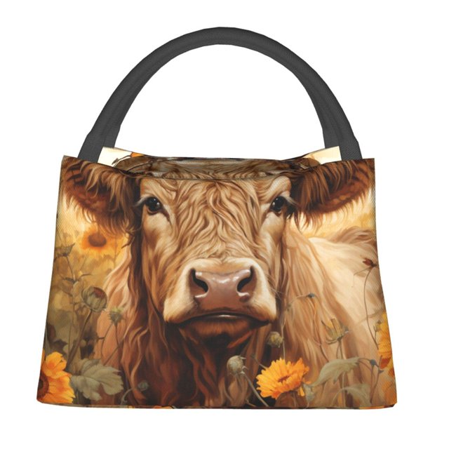 Easygdp Vintage Sunflower Cow Bolsa de Almuerzo Insulada Reutilizable, Bolsa de Mano y Bandolera para Oficina, Trabajo, Viajes