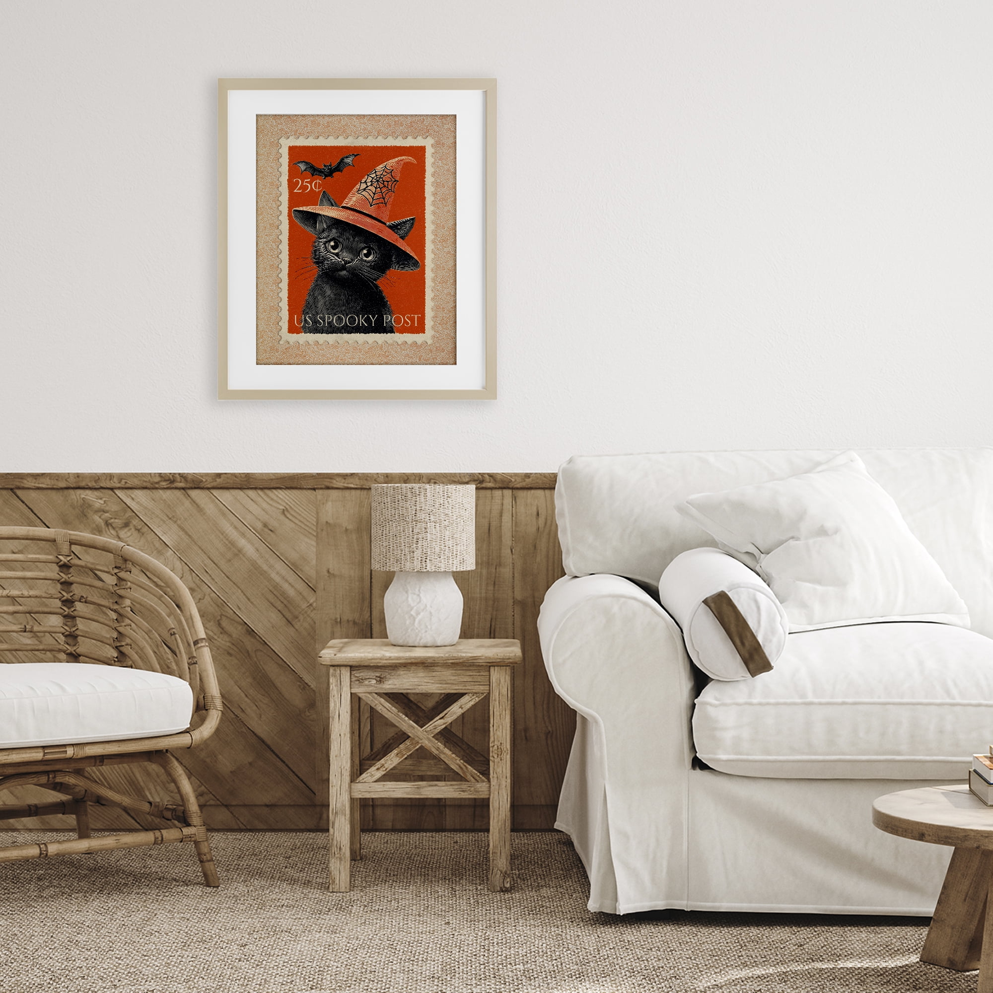 Vintage Black Cat Stamp Birch Framed Print Under Glass, design by Arlington Prints