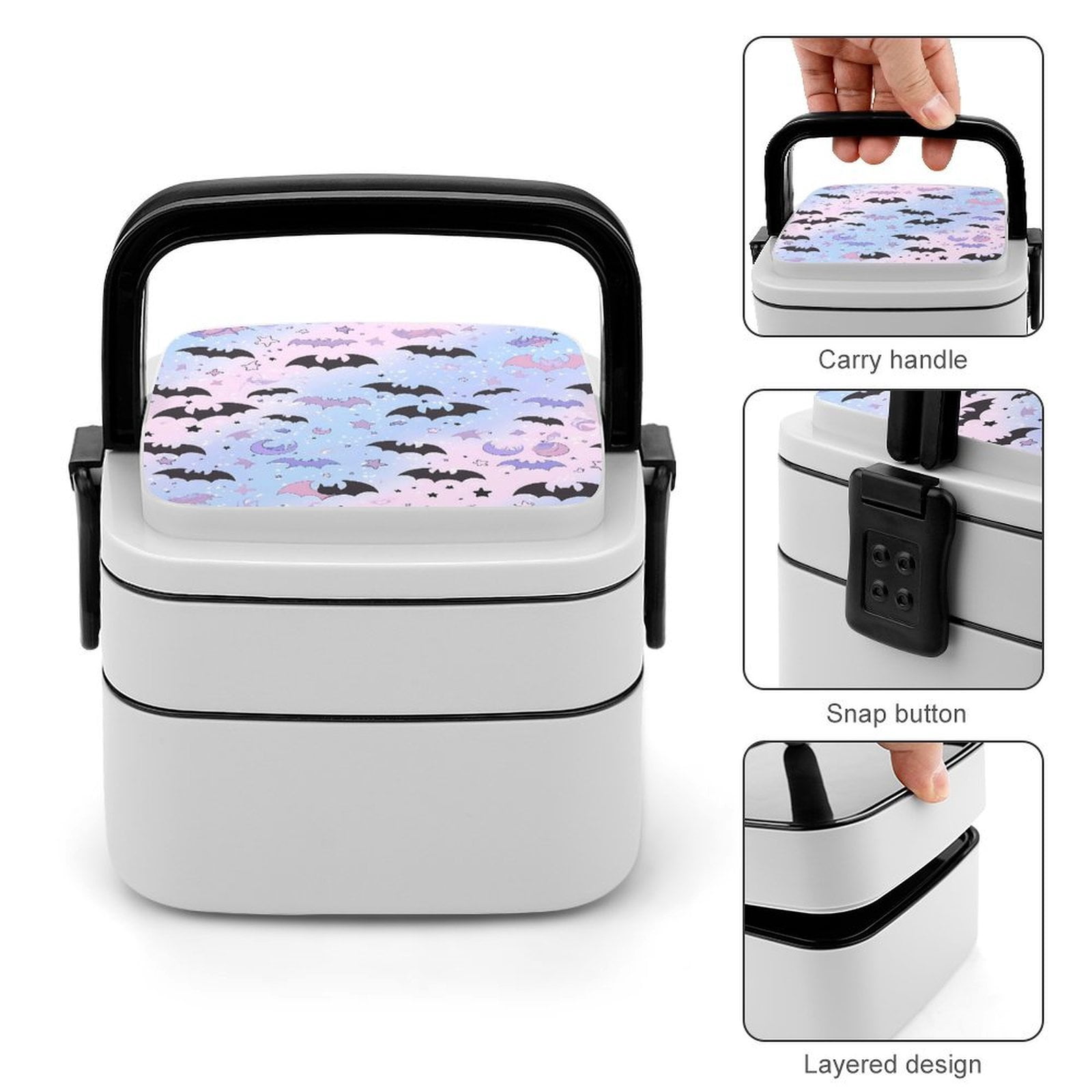 5.3×4.3in Double-Layer Bento Box Sealing Leakproof Partition Design Buckle Design Convenient Switch With Handle The Black And Purple Flying Bats in The Sky