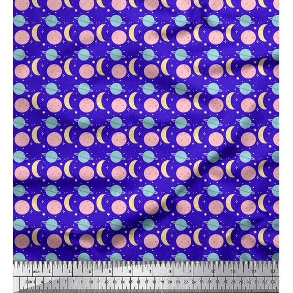 Soimoi Blue Poly Georgette Fabric Moon & Planet Galaxy Printed Fabric 1 Yard 42 Inch Wide
